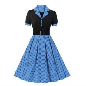 50s Blue and Black Polka Dot Dress